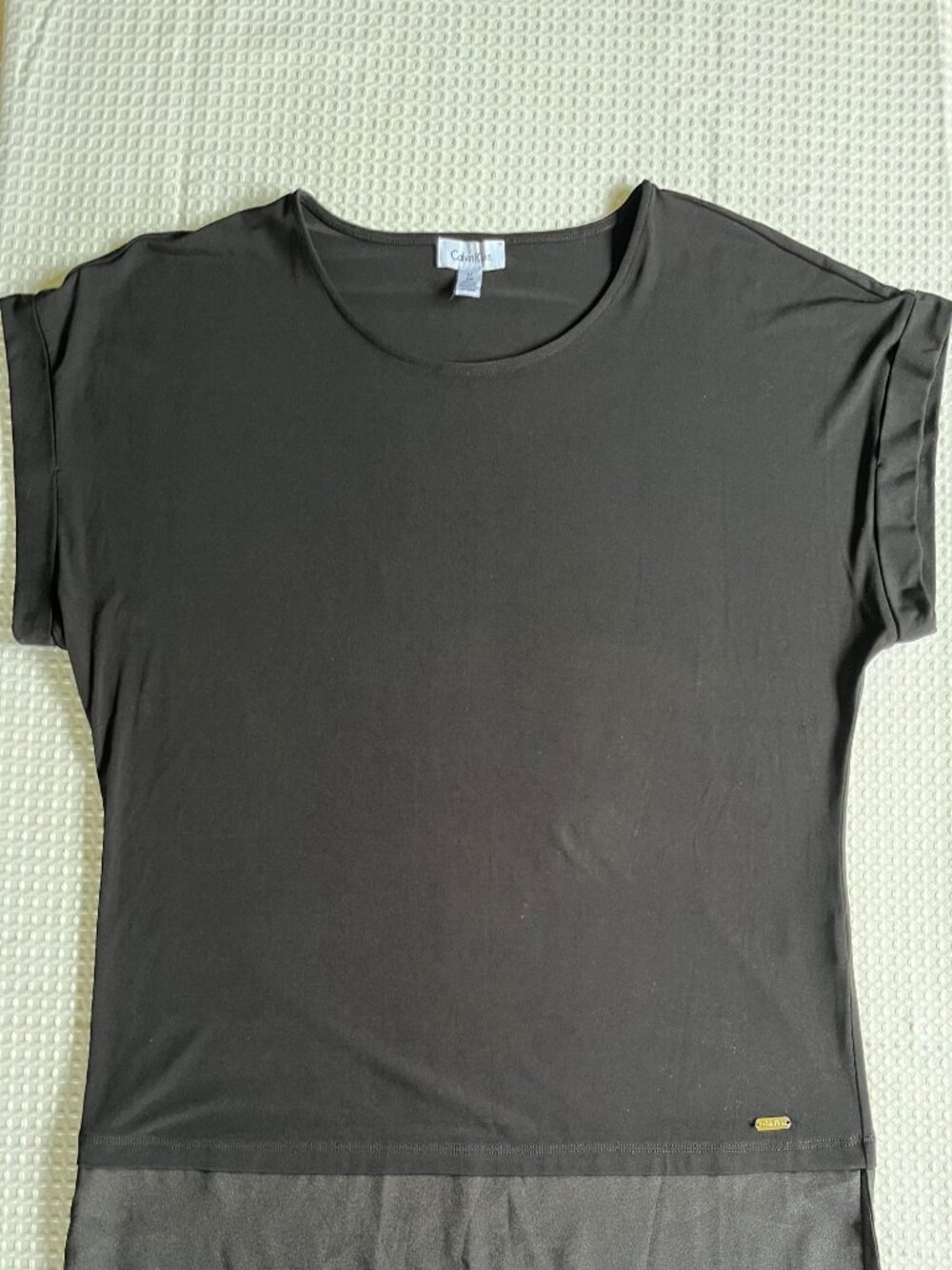 Calvin Klein Black Short Sleeve Mixed Media Satin Hem Top L
